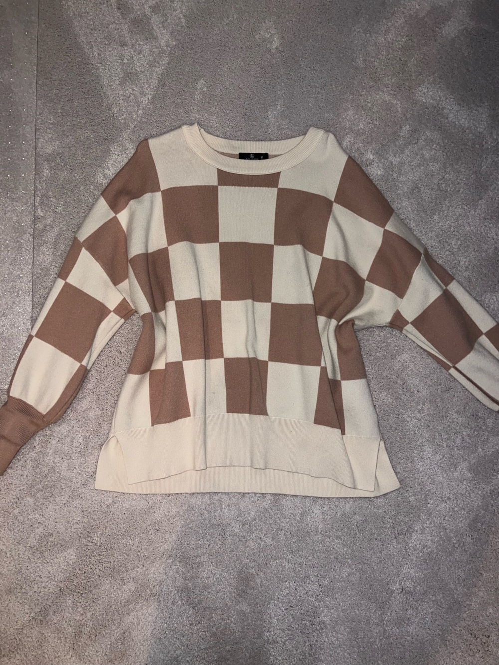 Checkerboard Crewneck Sweater in Cream and Brown